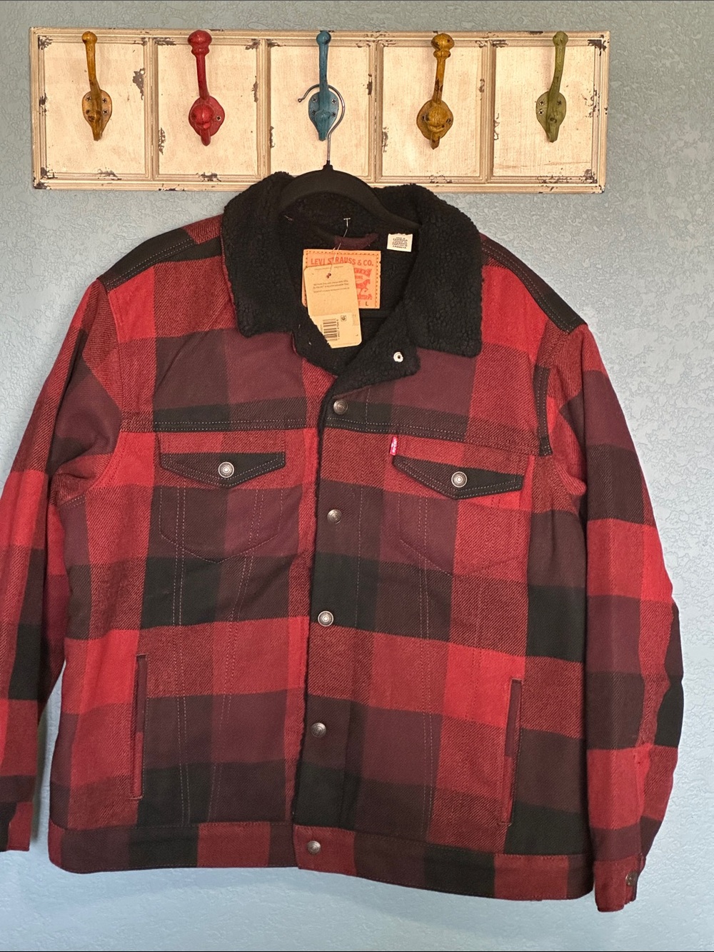 Levi's Red and Black Plaid Sherpa Collar Field Jacket